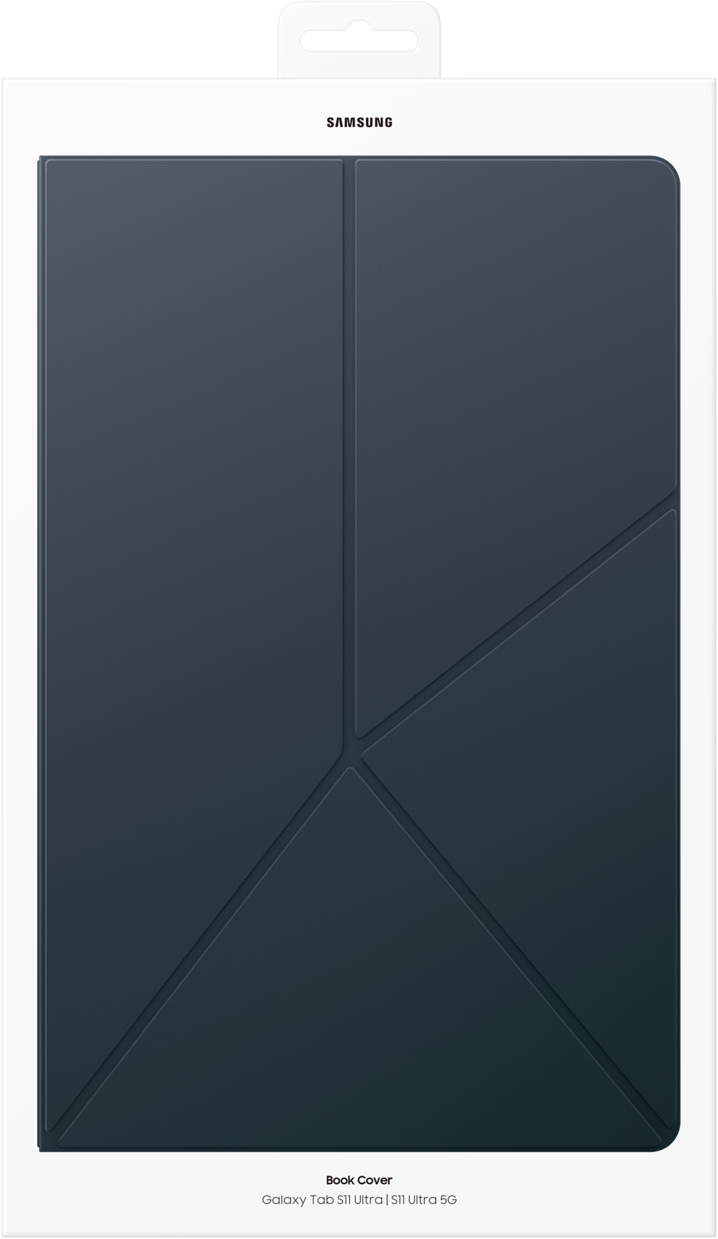 Une coque de livre Samsung pour Galaxy Tab S11 Ultra dans une boîte blanche. La coque est bleu foncé et a un design géométrique.