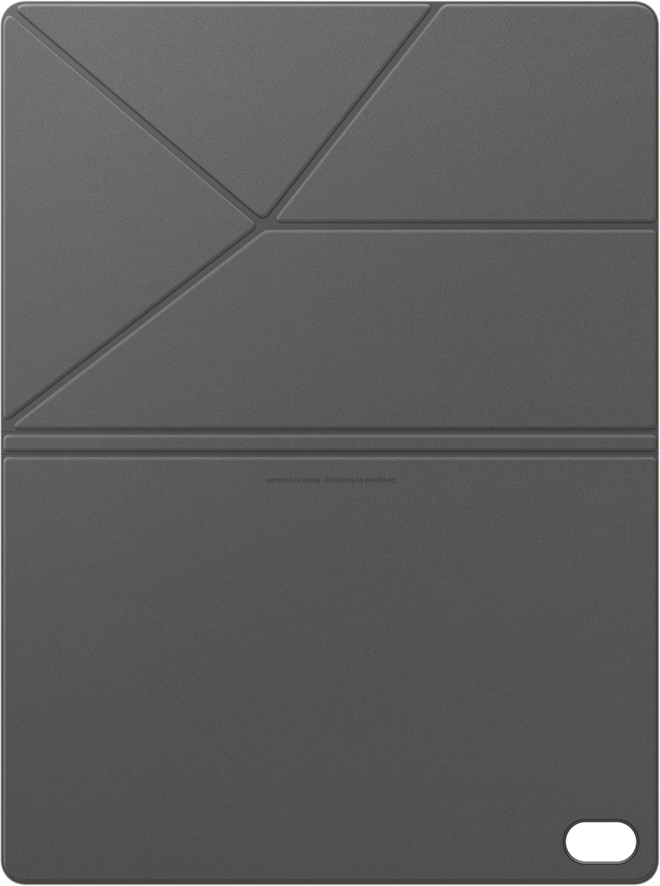 Une housse de tablette gris foncé avec un design géométrique. Le dessus est segmenté, avec le logo Samsung et Made in Vietnam.