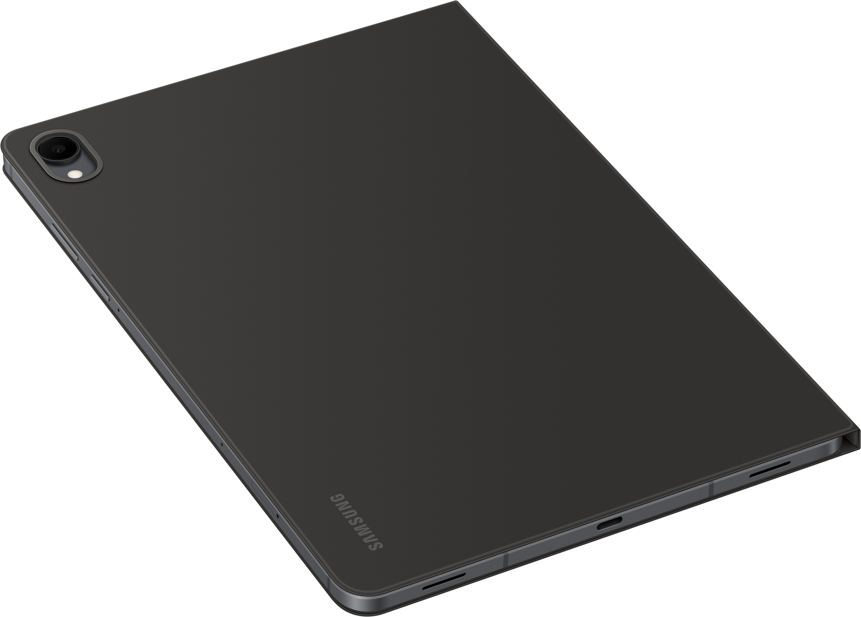Tablette Samsung gris foncé, vue en angle. Lentille de caméra visible. Logo Samsung en bas. Fond noir.