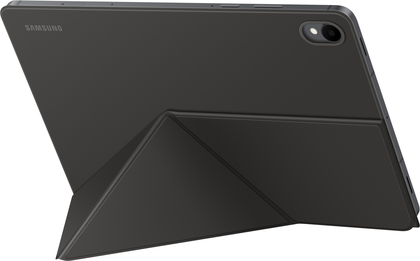 Tablette Samsung gris foncé avec étui en position de support. L'étui est plié en triangle.