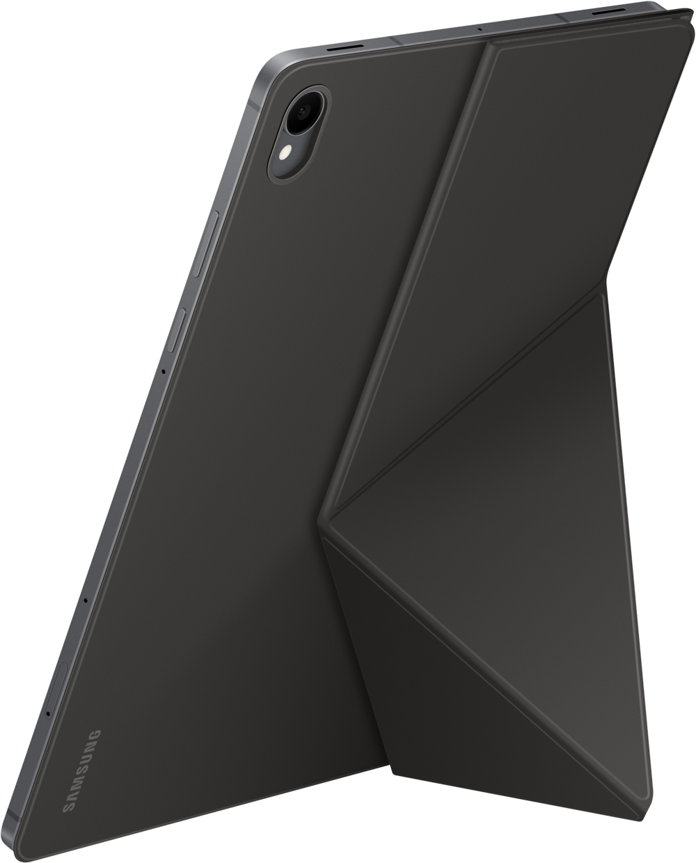Une tablette Samsung noire avec une housse pliée. La tablette est inclinée, montrant la caméra et le logo Samsung.