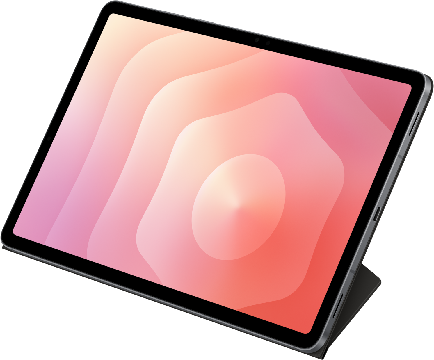 Une tablette avec un écran coloré affichant des couches de rose et d'orange. Elle est posée sur un support sombre sur fond noir.