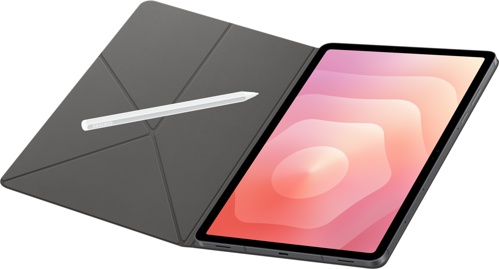 Tablette avec écran rose, couverture grise et stylet blanc. Le stylet est sur la couverture. Fond noir.