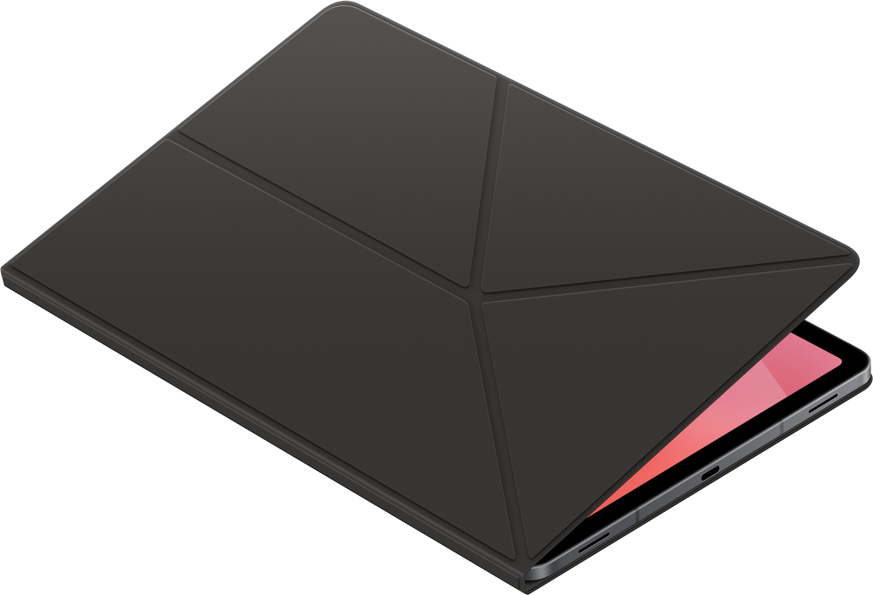 Une tablette noire avec une housse pliable. L'écran affiche du rose. La housse est partiellement ouverte, révélant le bord.