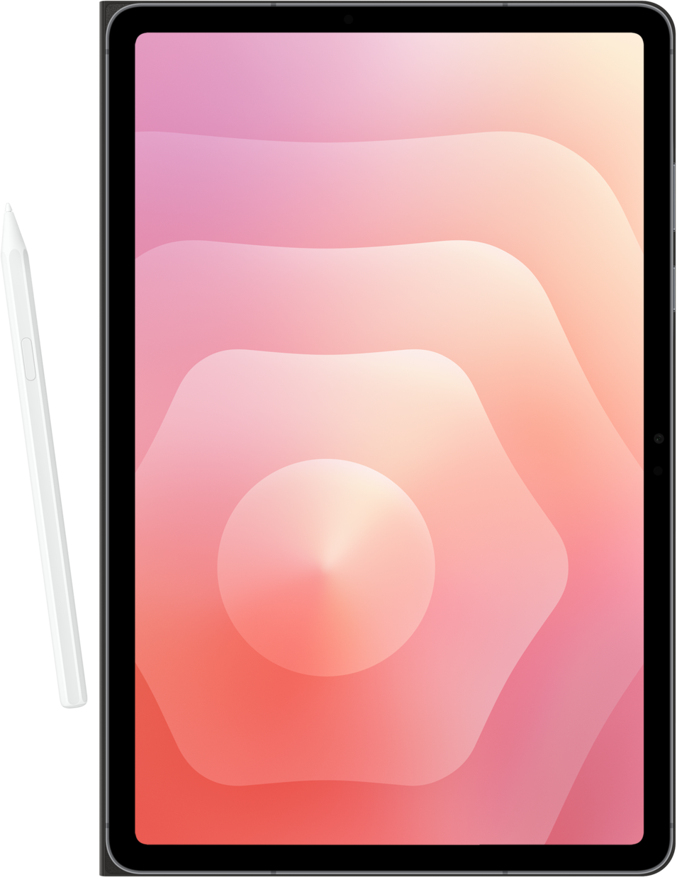 Tablette avec fond dégradé et stylet blanc sur fond noir. L'écran affiche un design rose, orange et blanc.
