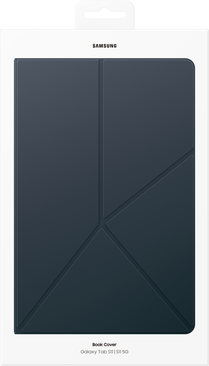 Housse Samsung Book Cover pour Galaxy Tab S11, S11 5G. Housse bleu foncé avec design géométrique, en emballage blanc avec poignée.
