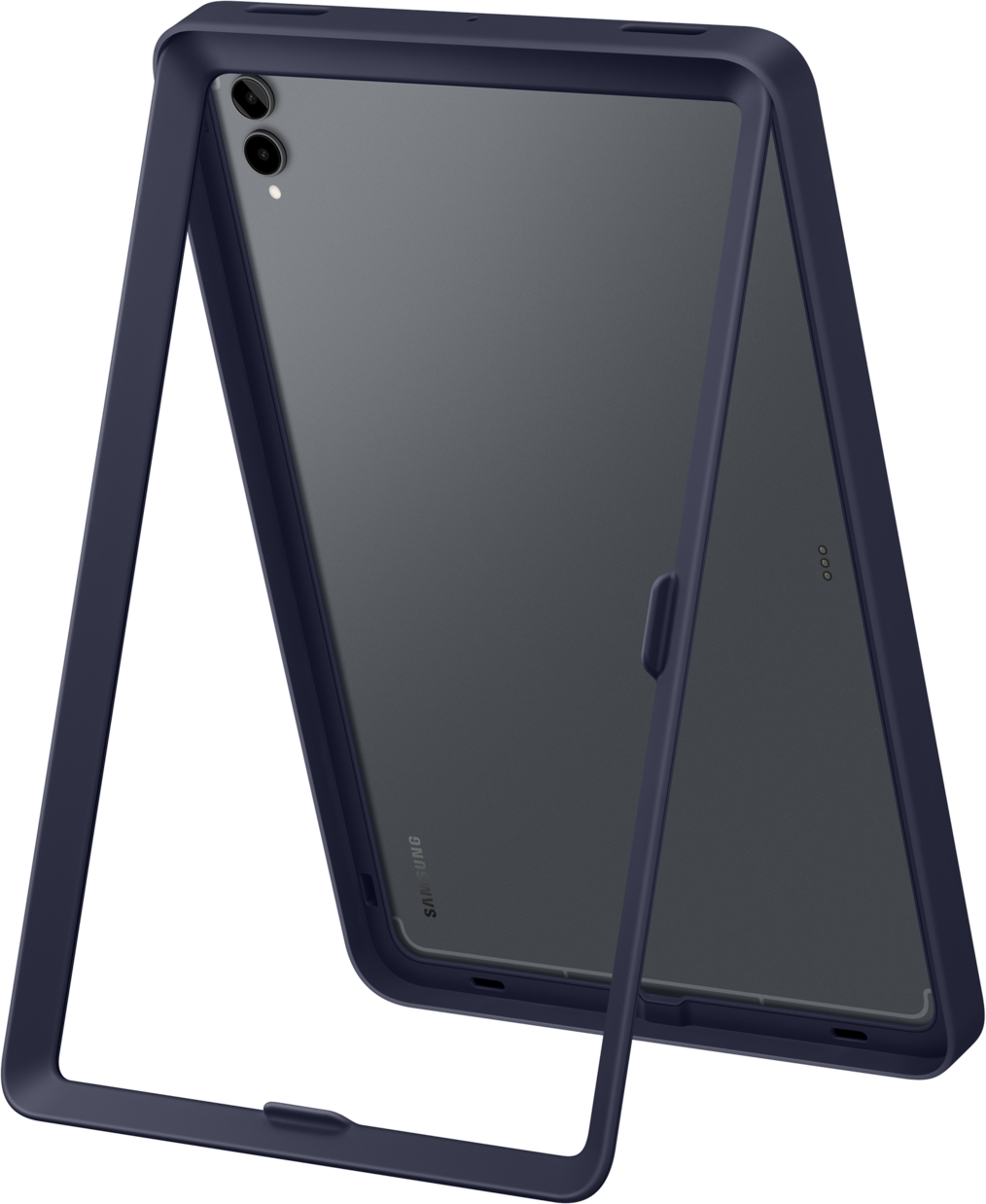 Una custodia per tablet blu navy, aperta, che mostra lo schermo del tablet. Il marchio Samsung è visibile. La custodia ha una copertura in plastica trasparente.