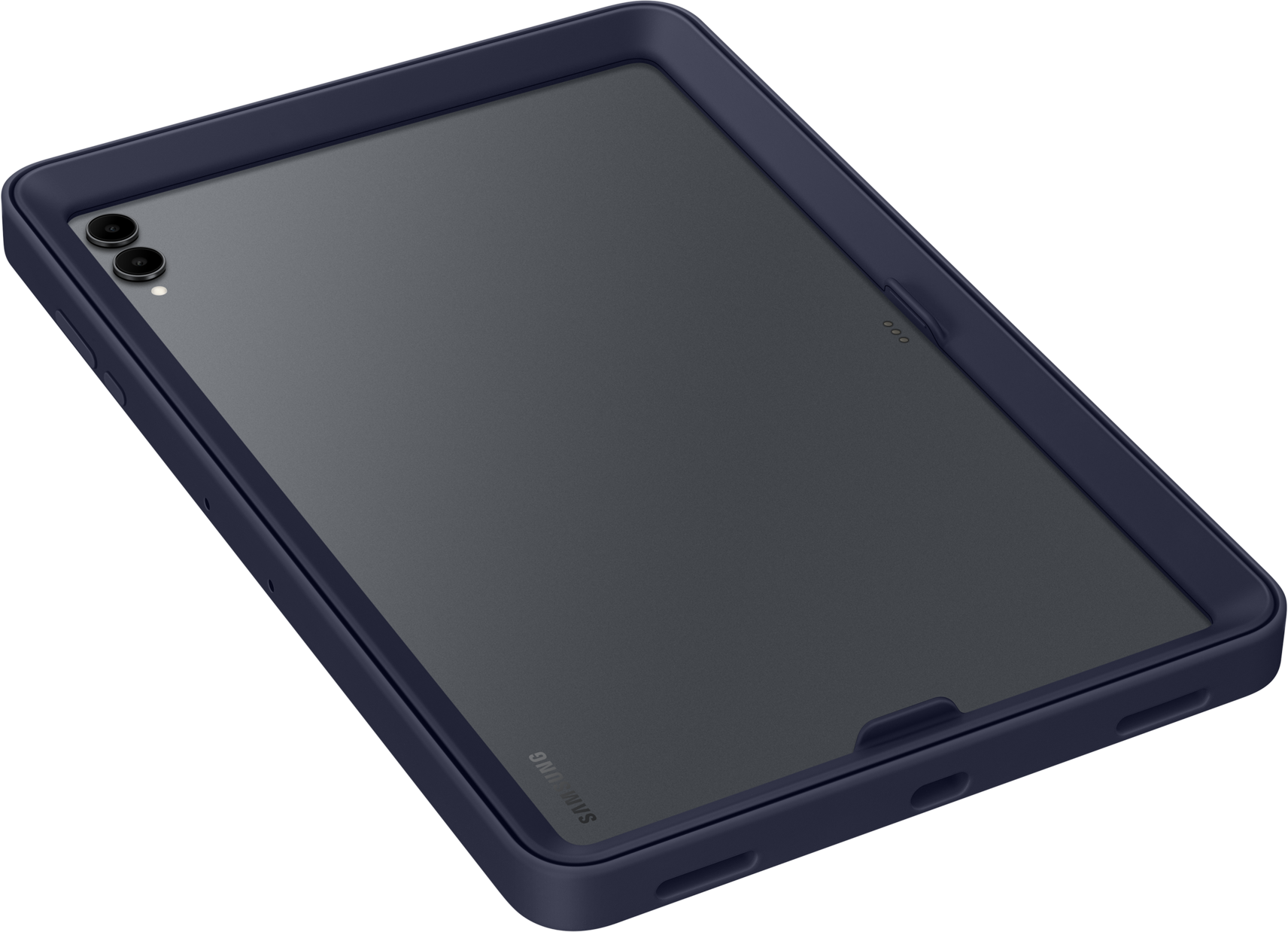 Un tablet Samsung blu scuro in una custodia protettiva abbinata. È visibile il retro del tablet, con doppie fotocamere.