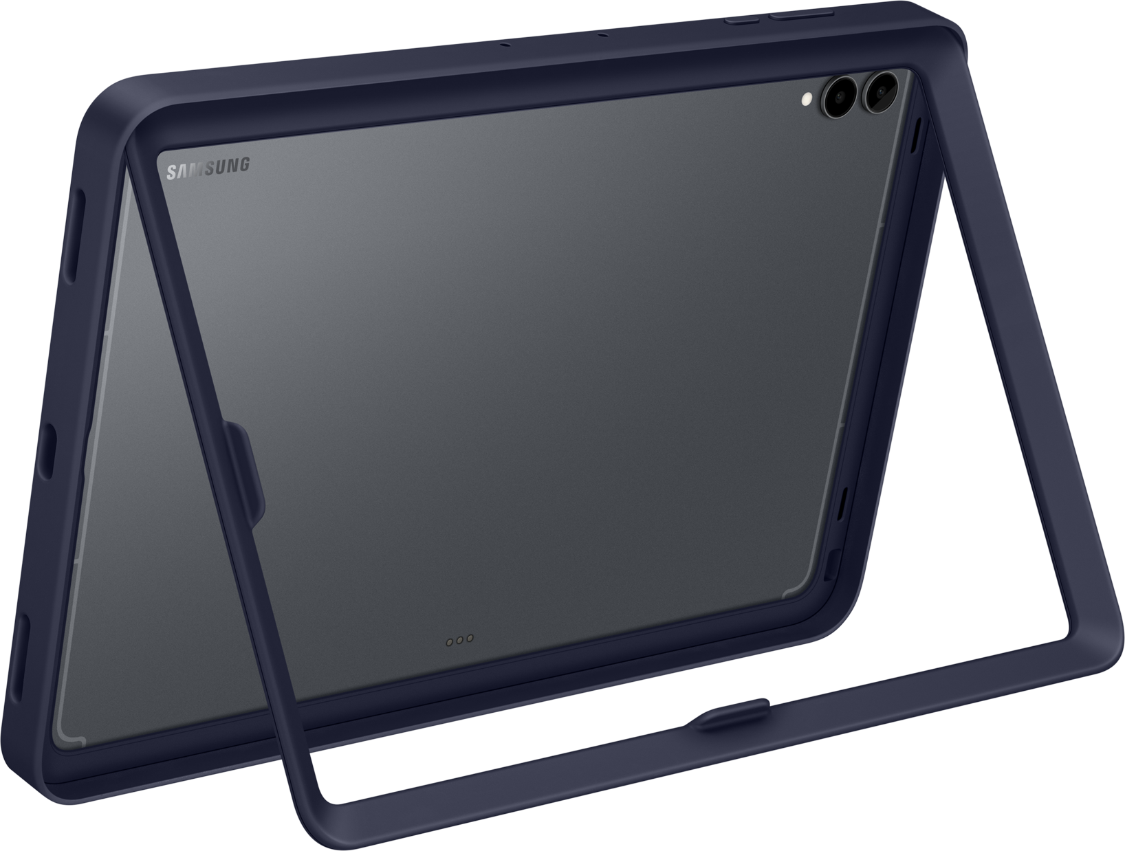 Un tablet blu navy all'interno di una custodia protettiva. Lo schermo del tablet è visibile, con il logo Samsung. La custodia è aperta.