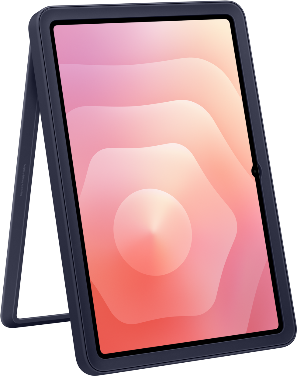 Tablet in una custodia blu scuro, appoggiato. Lo schermo mostra un design astratto di forme rosa e arancioni sovrapposte.