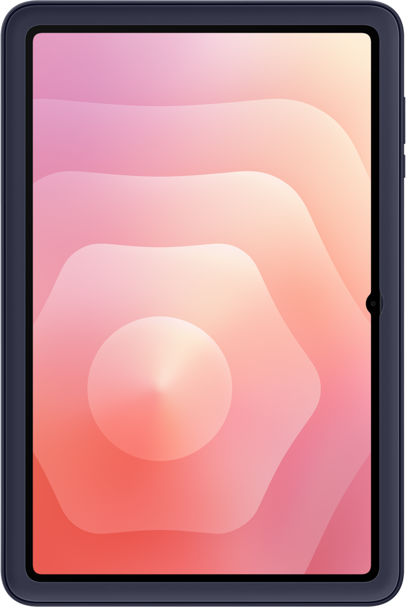 Un tablet con cornice blu scuro. Lo schermo mostra una sfumatura di rosa e arancione, con forme astratte.