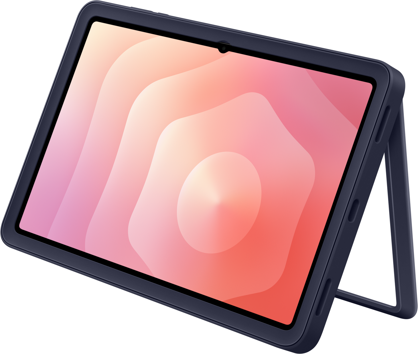 Un tablet in una custodia blu scuro, puntellato. Lo schermo mostra un design astratto e colorato. La custodia ha un supporto.