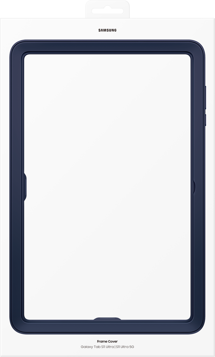 Una cover con cornice blu scuro per tablet è su una scatola bianca. Il logo Samsung è in alto. Il testo 'Frame Cover' è in basso.