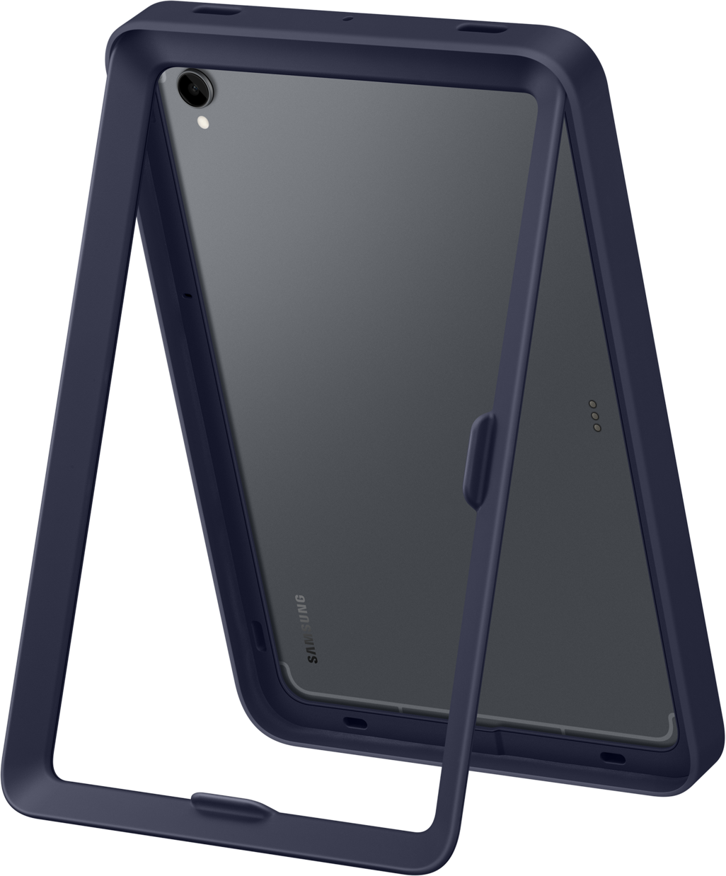 Una custodia blu navy per tablet con telaio aperto. Il tablet è grigio scuro, con logo Samsung visibile.