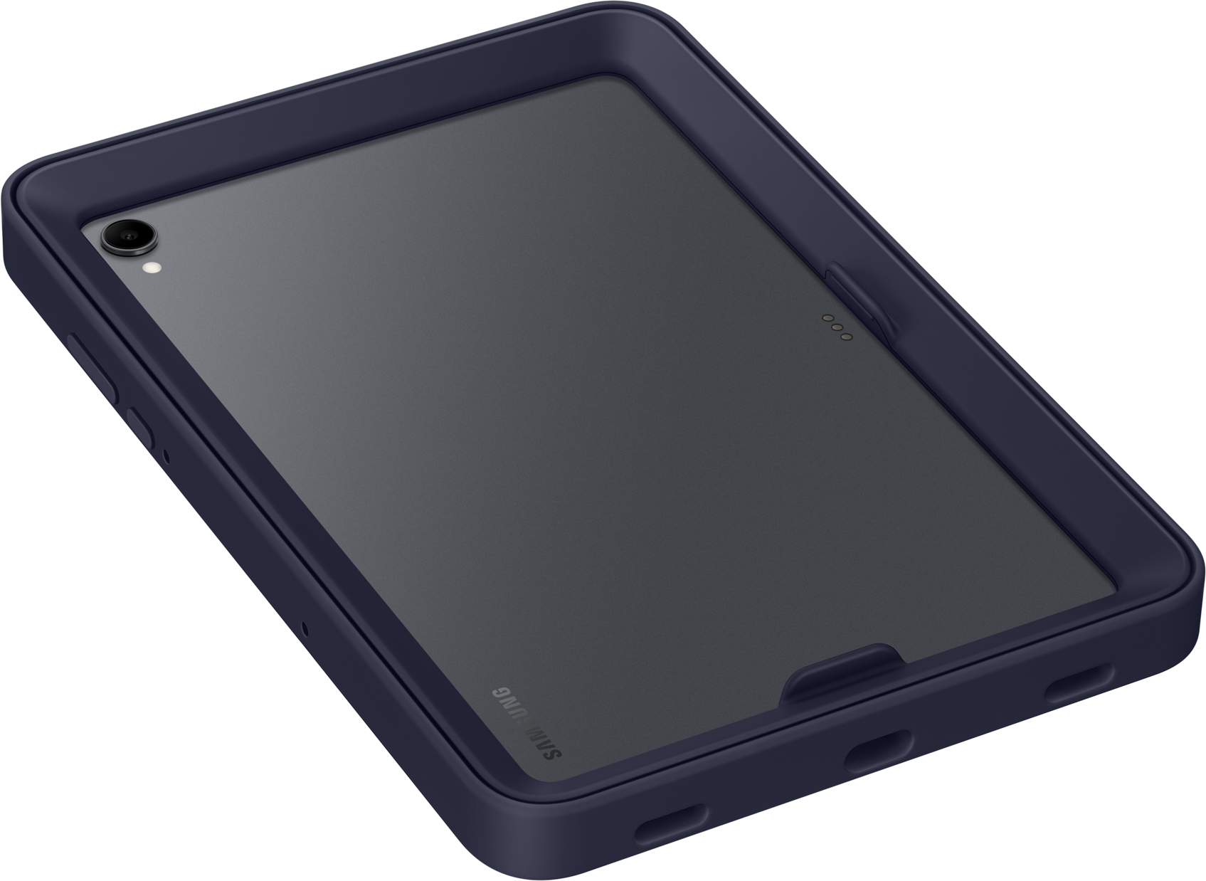 Un tablet blu scuro in una custodia blu scuro. Il logo Samsung è visibile. Il tablet ha una fotocamera e tre piccoli fori.