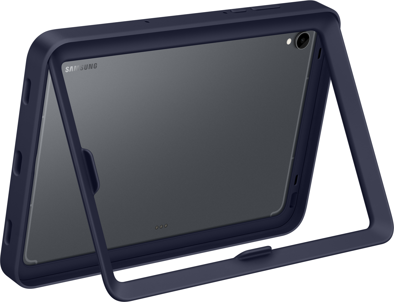 Un tablet blu navy con custodia protettiva. Il tablet è Samsung. La custodia è aperta, mostrando lo schermo.