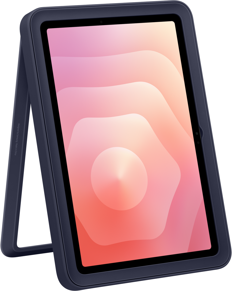 Tablet in custodia blu scuro, appoggiato. Lo schermo mostra un gradiente di colori rosa e pesca. Lo sfondo è nero.