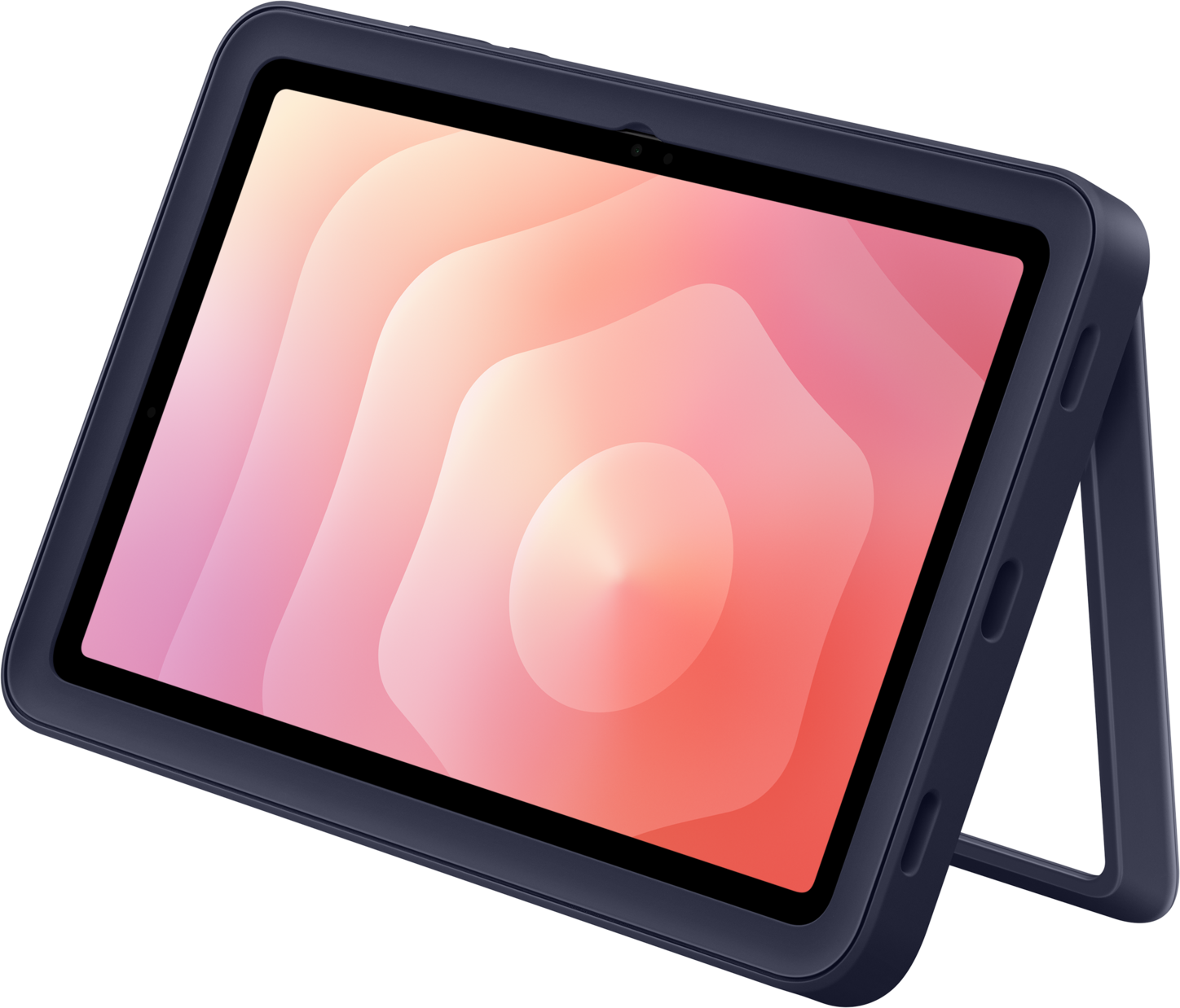 Un tablet in una custodia blu scuro. Lo schermo mostra una sfumatura di forme rosa e arancioni. La custodia ha un supporto.