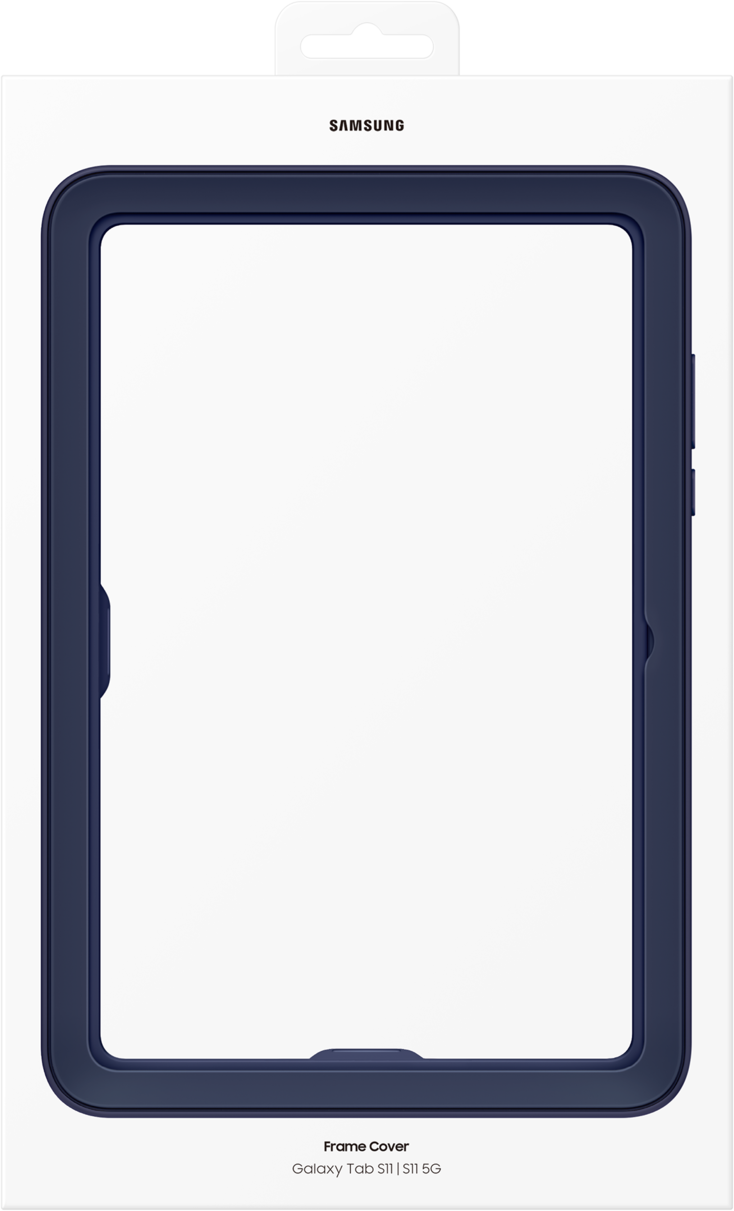 Una scatola bianca mostra una cover con cornice blu navy per un tablet. La scatola ha il logo Samsung e il testo in basso.