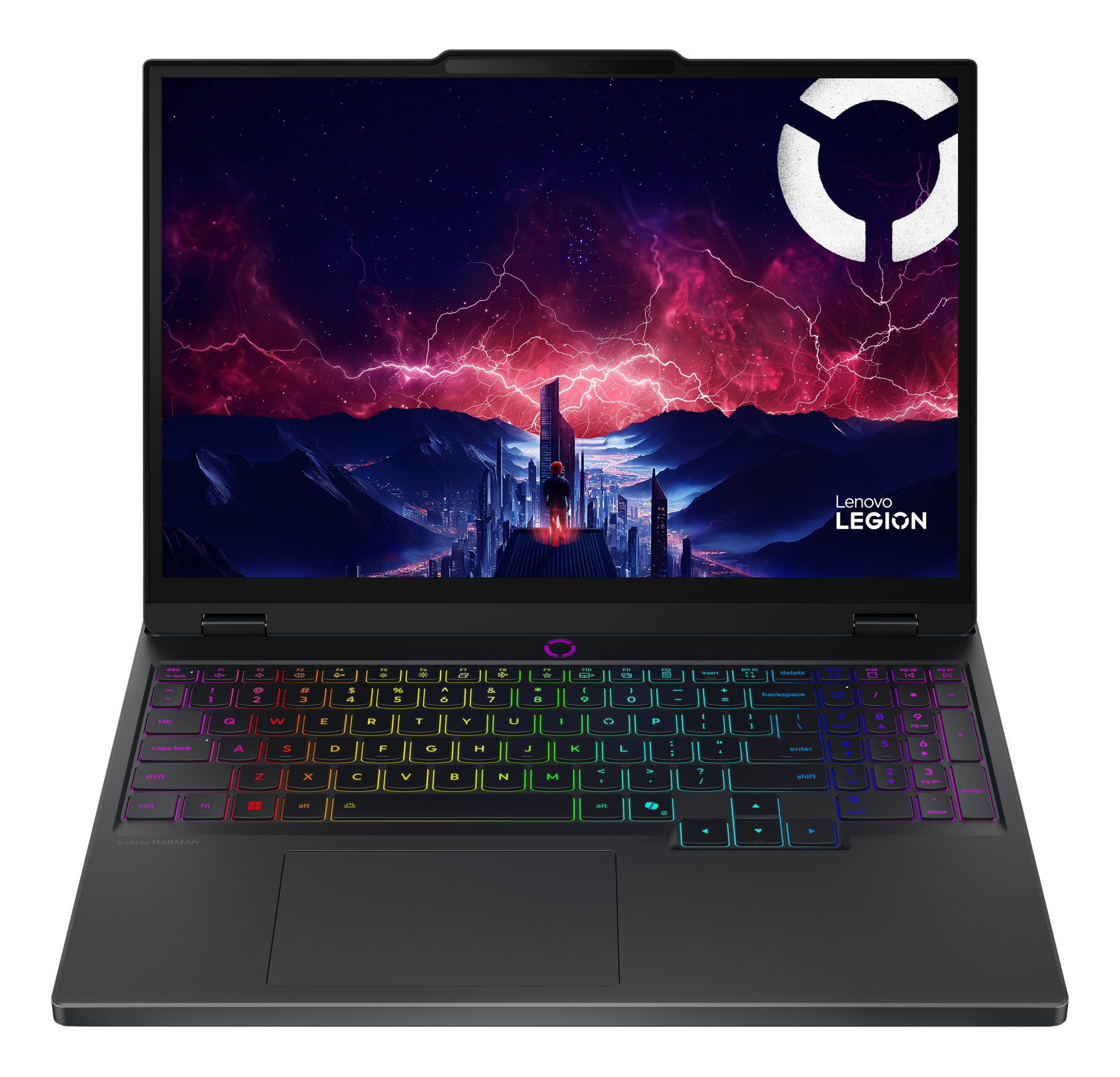 Ein Lenovo Legion-Laptop, der eine futuristische Stadtlandschaft mit Blitzen, einer Person und einem weißen Logo zeigt.