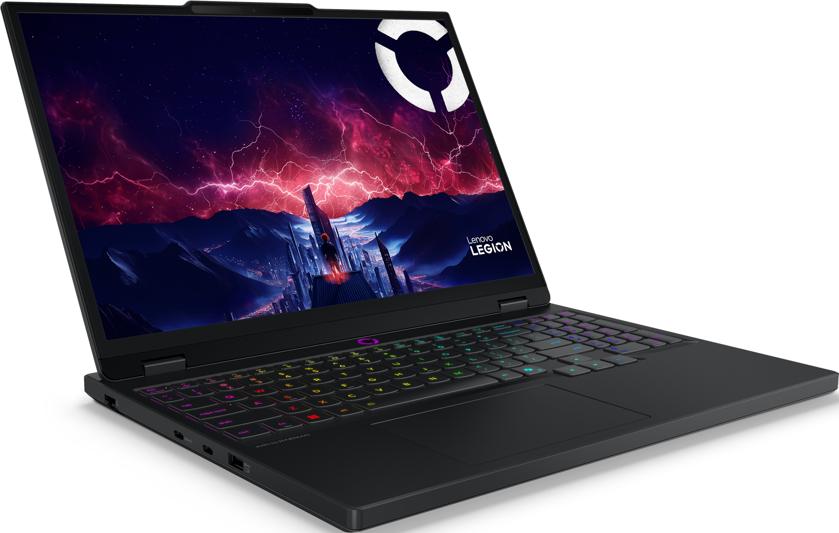 Schwarzer Lenovo Legion Laptop mit lebendigem Display. Der Bildschirm zeigt eine futuristische Stadt unter einem dramatischen Himmel. Tastatur beleuchtet.
