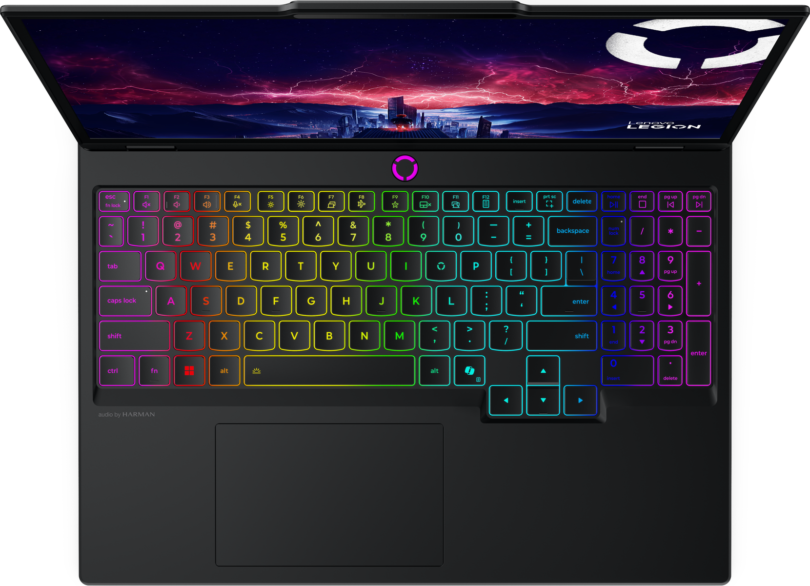 Laptop-Tastatur mit regenbogenfarbenen Tasten, Bildschirm zeigt Stadt mit rotem Himmel und Lenovo Legion Logo.