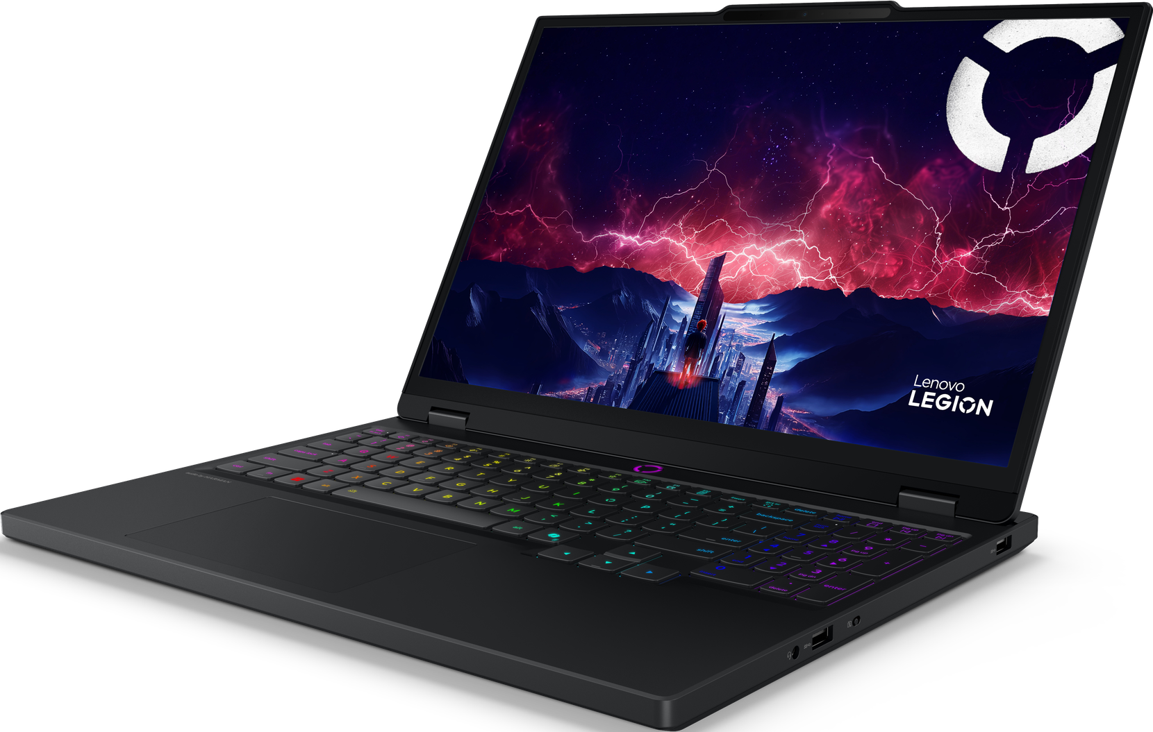 Ein schwarzes Lenovo Legion Laptop ist geöffnet und zeigt eine Stadtlandschaft mit Blitzen. Die Tastatur ist farbig beleuchtet.