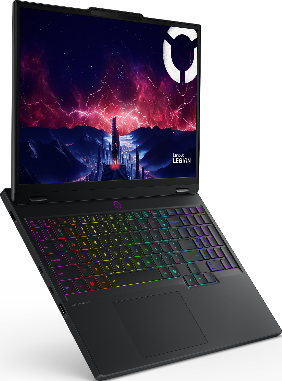 Ein Lenovo Legion Laptop ist geöffnet. Der Bildschirm zeigt eine Stadtlandschaft mit Blitzen. Die Tastatur hat farbenfrohe, hintergrundbeleuchtete Tasten.