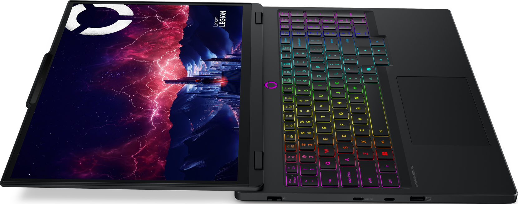 Ein schwarzer Laptop mit bunter Tastatur und einem Bildschirm, der eine futuristische Stadtszene mit Blitzen und einem Logo zeigt.