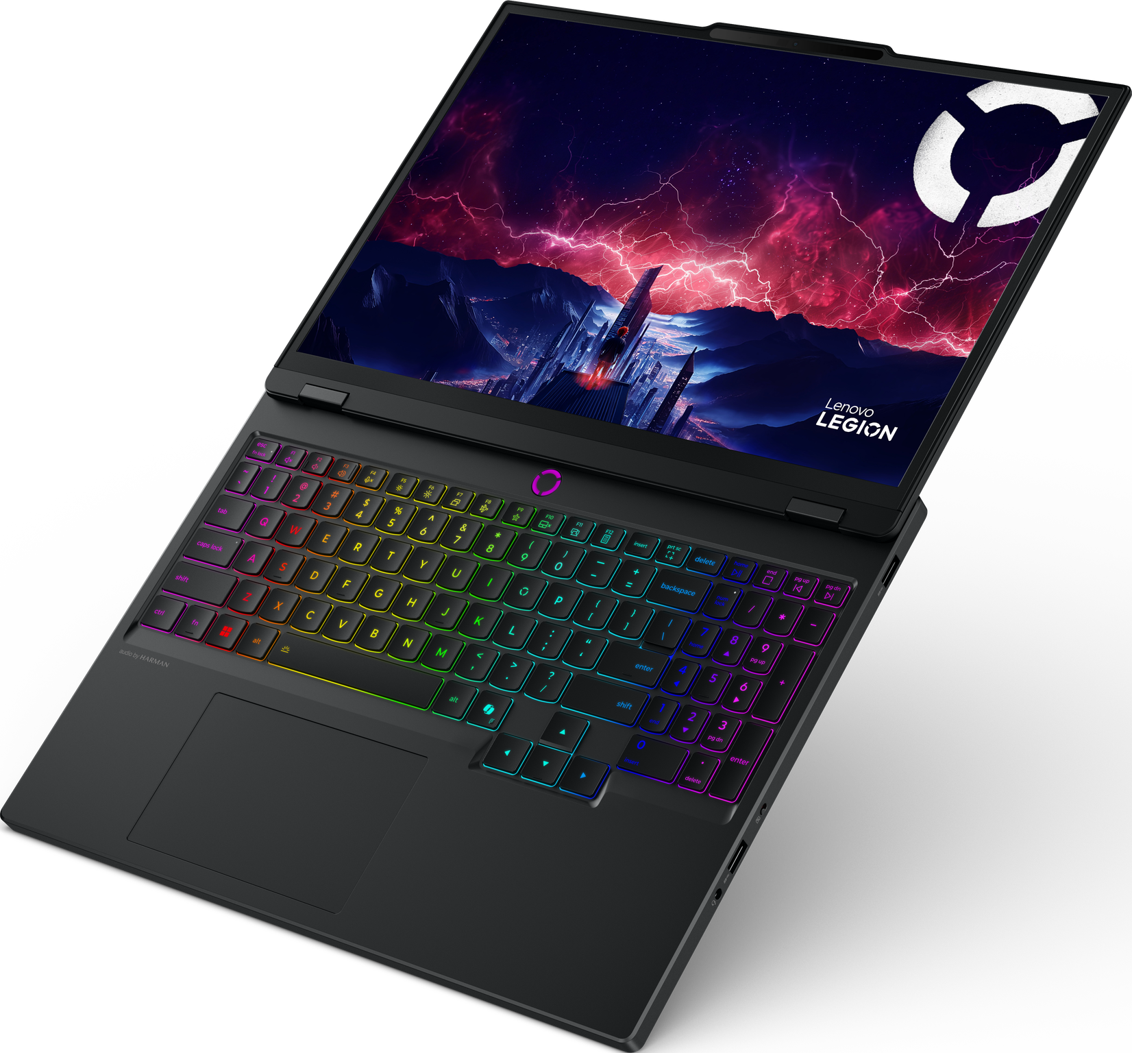 Ein schwarzer Lenovo Legion Laptop. Der Bildschirm zeigt eine digitale Landschaft mit Blitzen. Die Tastatur hat eine Regenbogen-Hintergrundbeleuchtung.