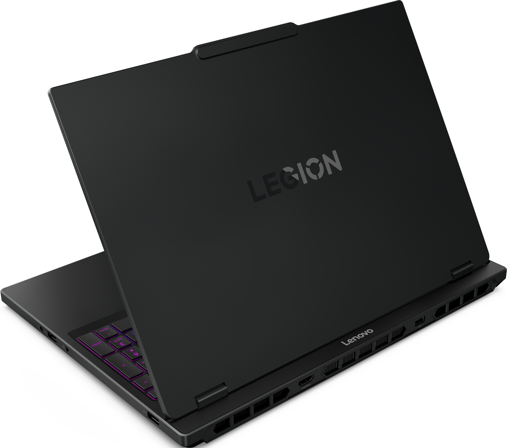 Schwarzer Lenovo Legion Laptop auf schwarzem Hintergrund. Der Bildschirm ist geöffnet und zeigt eine Tastatur mit violetter Hintergrundbeleuchtung.