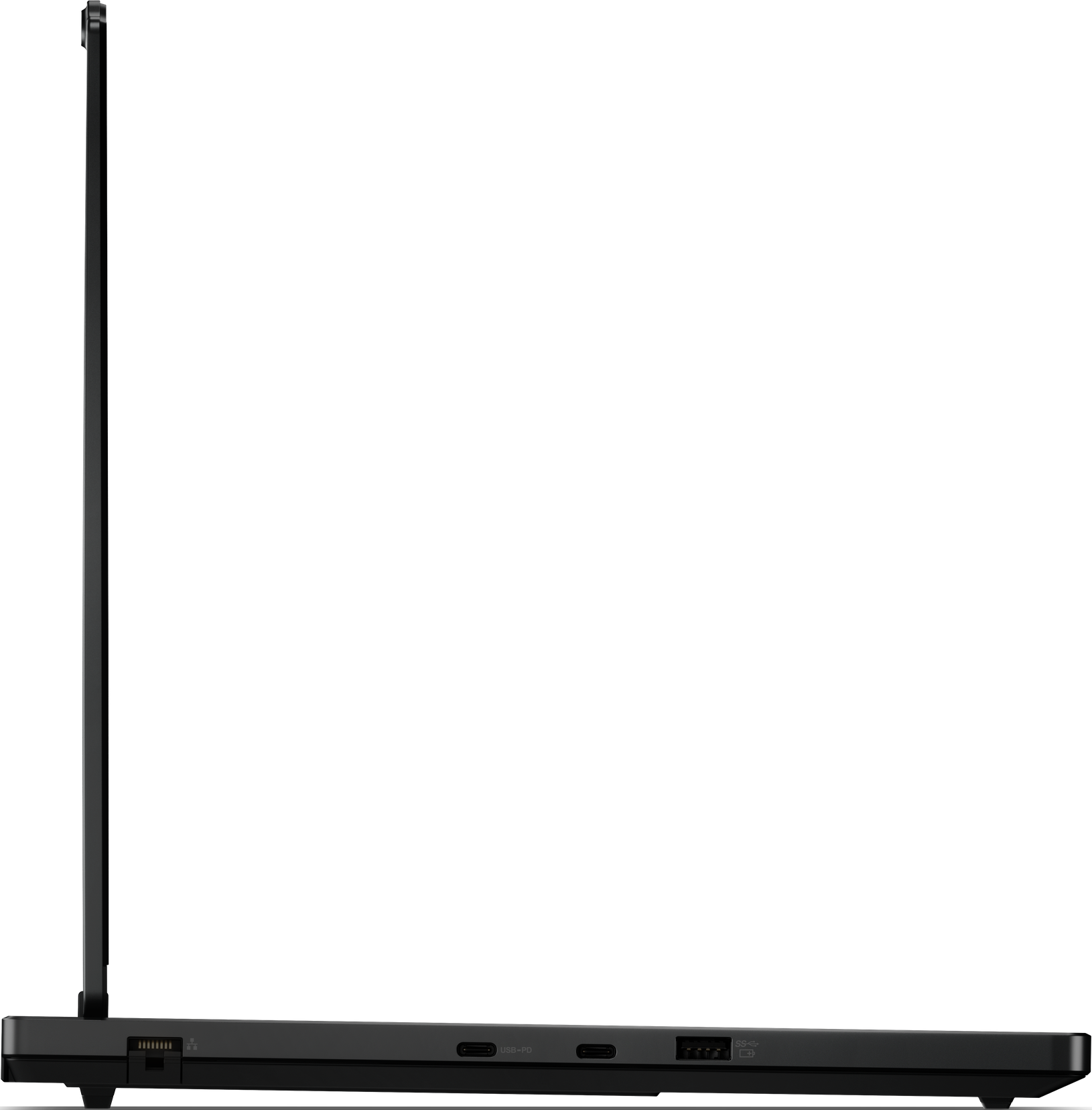 Seitenansicht eines schwarzen Laptops. Sichtbar sind der Bildschirmrand, die Anschlüsse und die Basis.