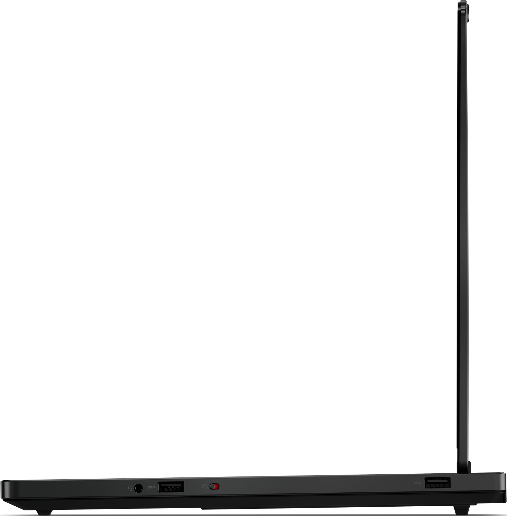 Seitenansicht eines schwarzen Laptops. Sichtbare Anschlüsse sind USB, Audioanschluss und Betriebsanzeige.