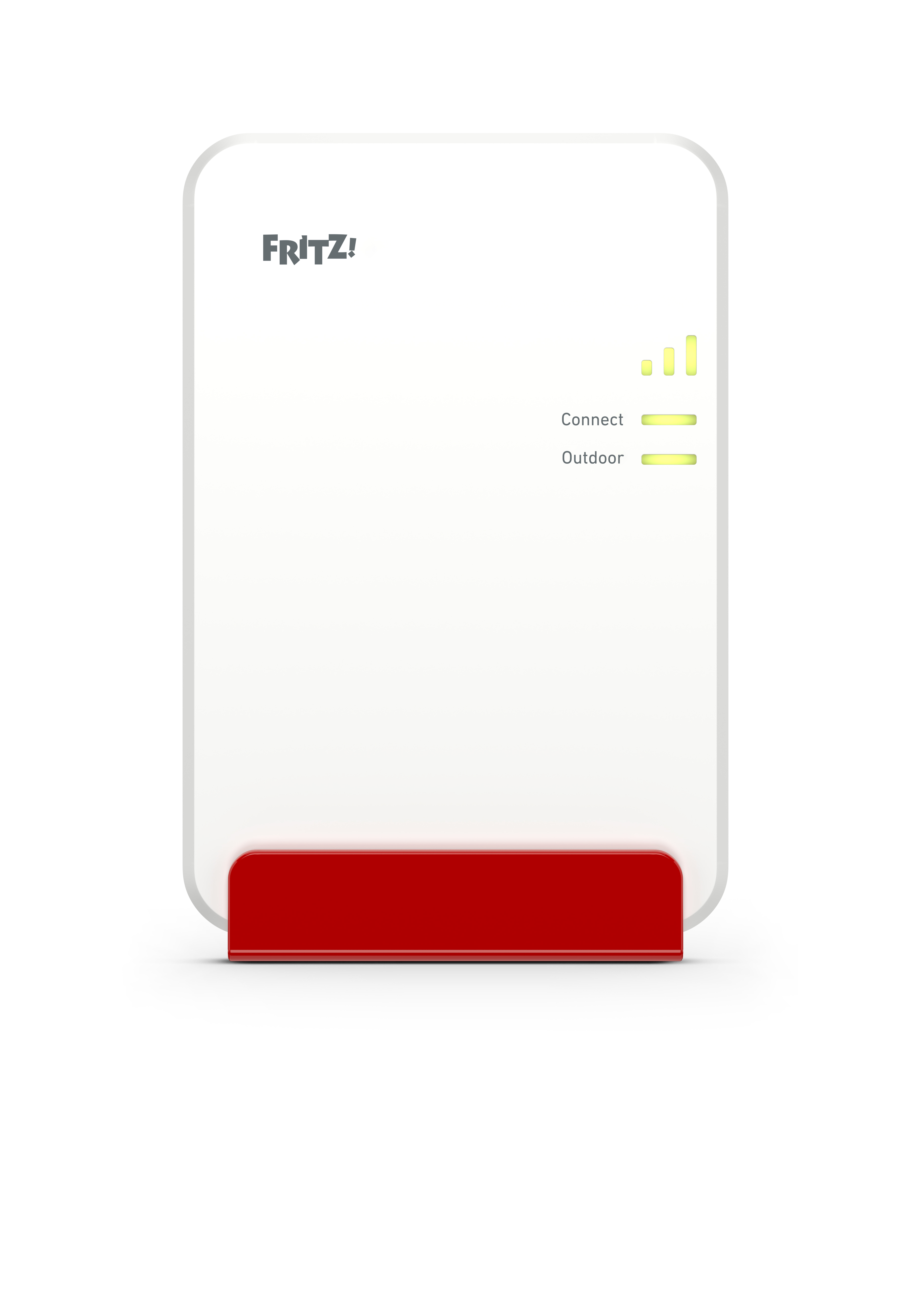 Ein weißer Router mit Fritz!-Logo, roter Basis und grünen Kontrollleuchten für den Verbindungsstatus.