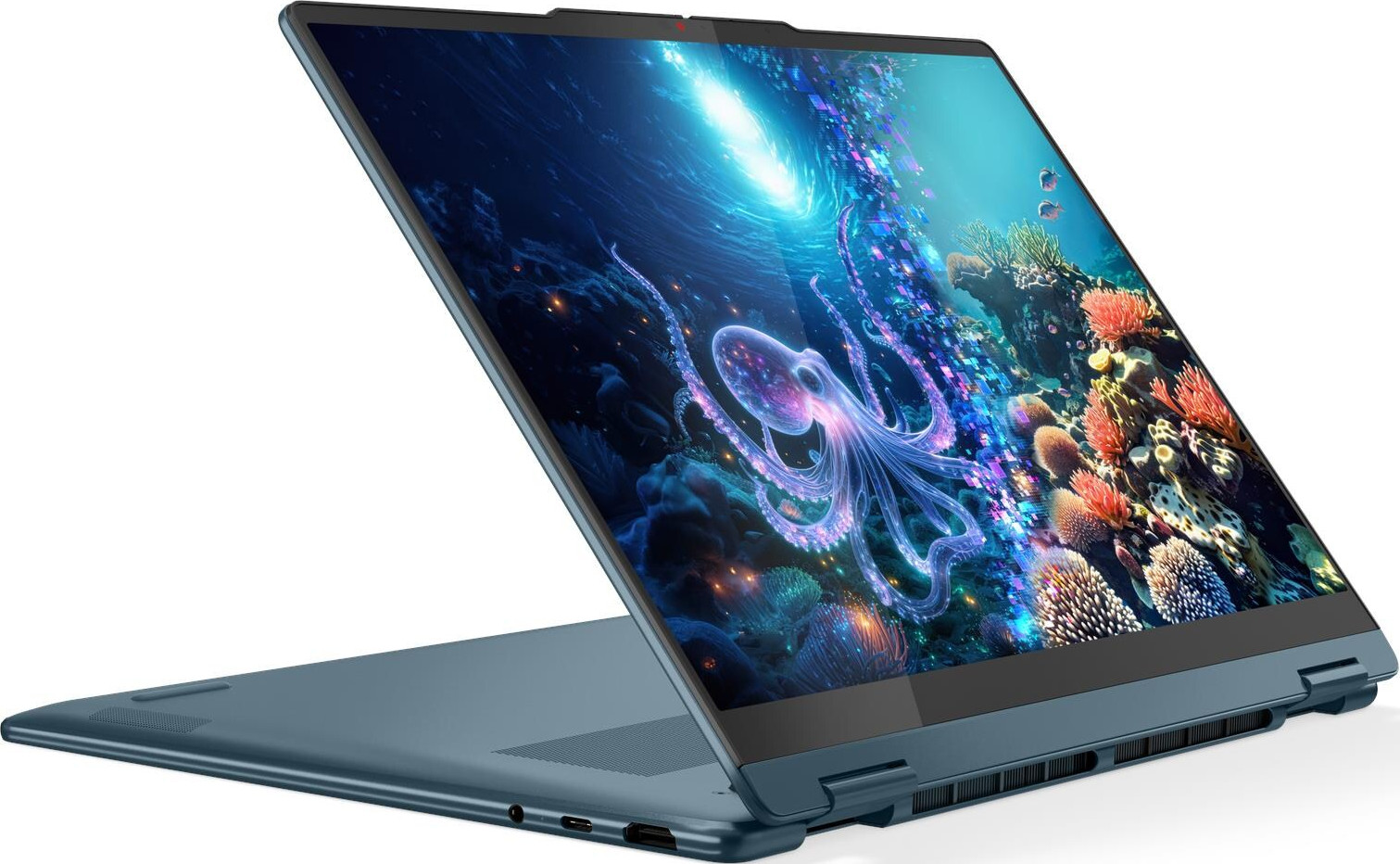 Ein blauer Laptop zeigt eine Unterwasserszene mit einem Oktopus. Der Laptop ist geöffnet. Die Szene umfasst Korallen und Fische.