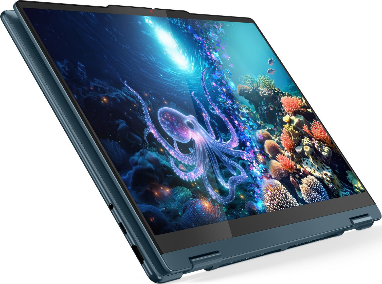 Ein Laptop zeigt eine Unterwasserszene mit einem Oktopus. Der Laptop ist türkis, geöffnet und zum Betrachter geneigt.