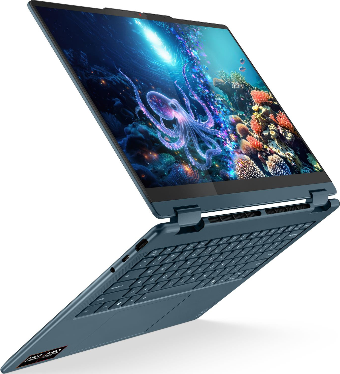 Blauer Laptop mit Bildschirm, der eine Unterwasserszene mit einem Oktopus zeigt. Tastatur sichtbar. Laptop in einem Winkel geöffnet.
