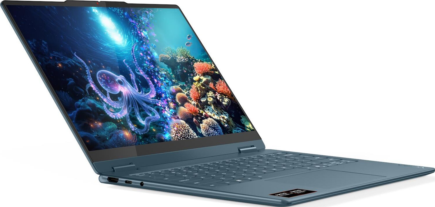 Blauer Laptop mit geöffnetem Bildschirm, der eine Unterwasserszene mit einem Oktopus zeigt. Tastatur sichtbar. Der Laptop ist leicht angewinkelt.