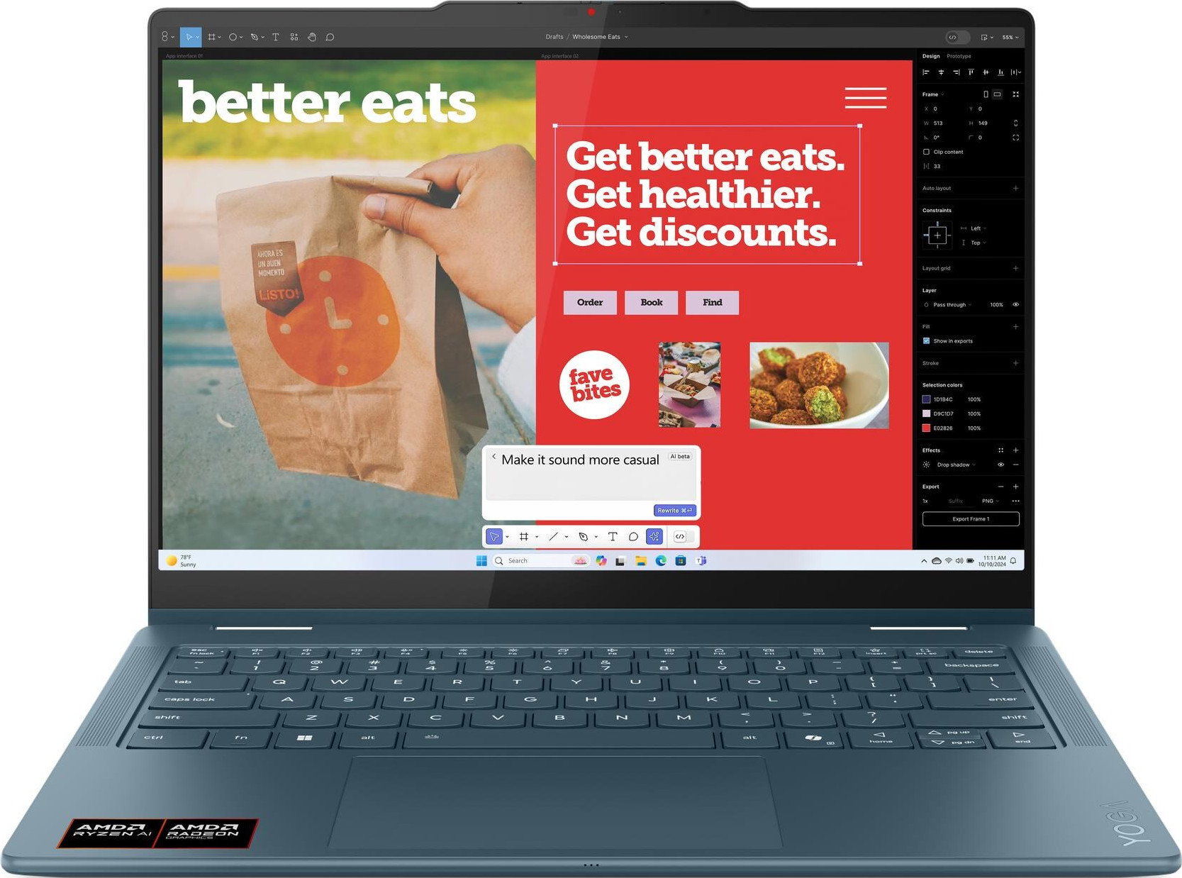 Laptop-Bildschirm zeigt ein Food-Website-Design. Eine Hand hält eine Tüte mit Text. Roter Hintergrund mit Text.