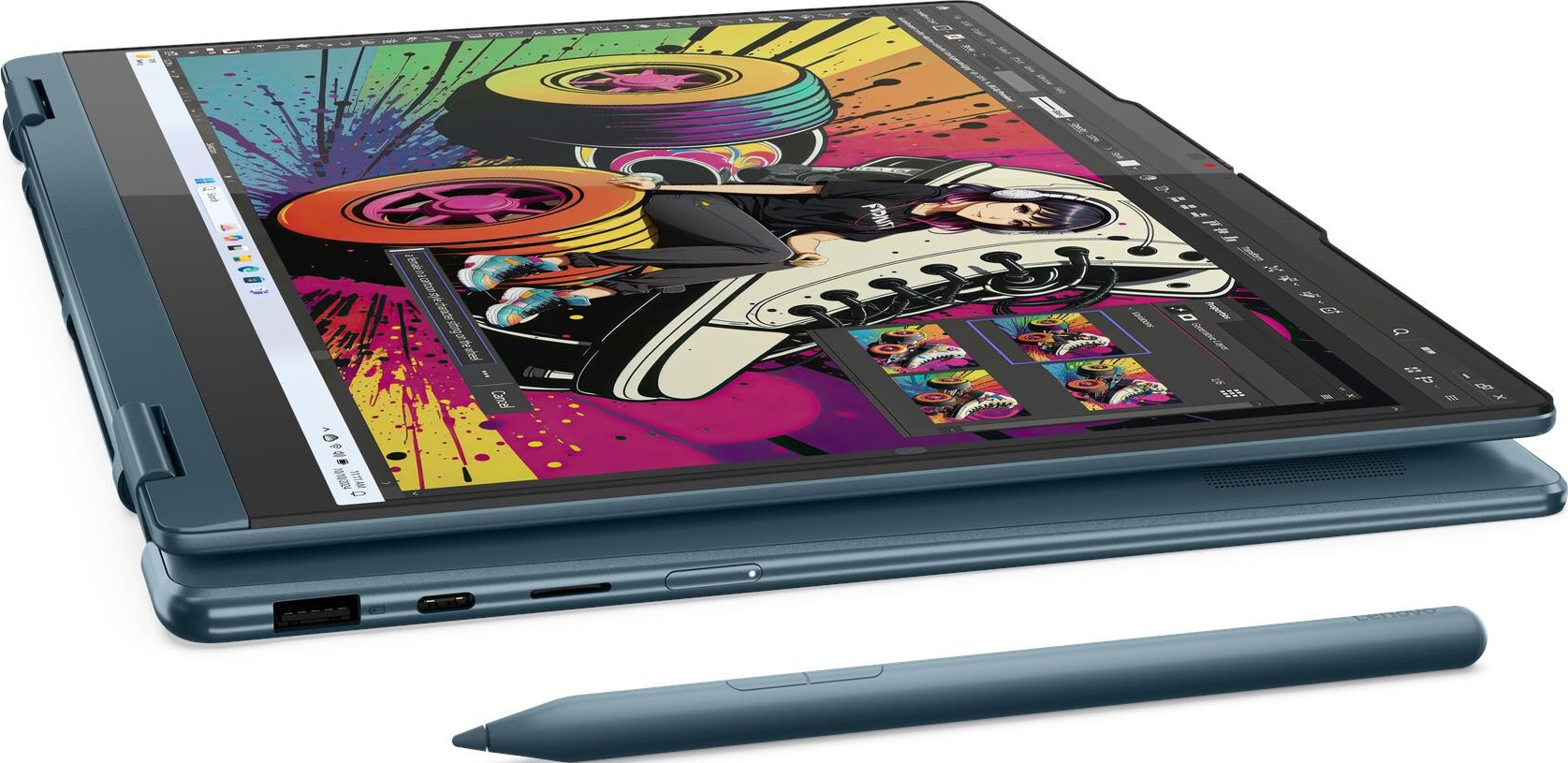 Blauer Lenovo-Laptop mit digitaler Kunstausstellung. Ein Stift liegt darunter. Der Bildschirm zeigt farbenfrohe Kunst.