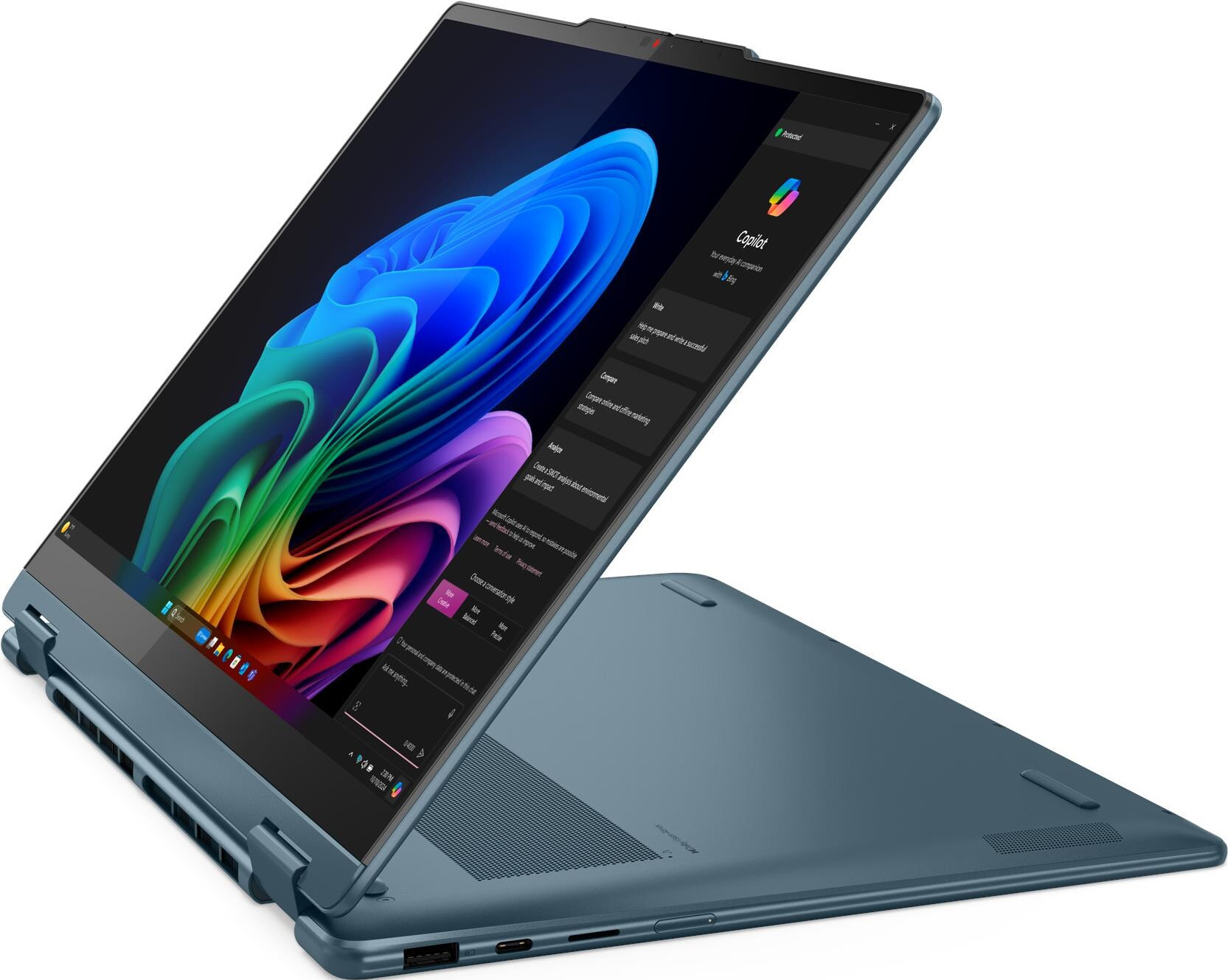 Ein blauer Laptop ist geöffnet und zeigt eine farbenfrohe Oberfläche. Der Bildschirm zeigt Text und Optionen. Der Laptop ist abgewinkelt.