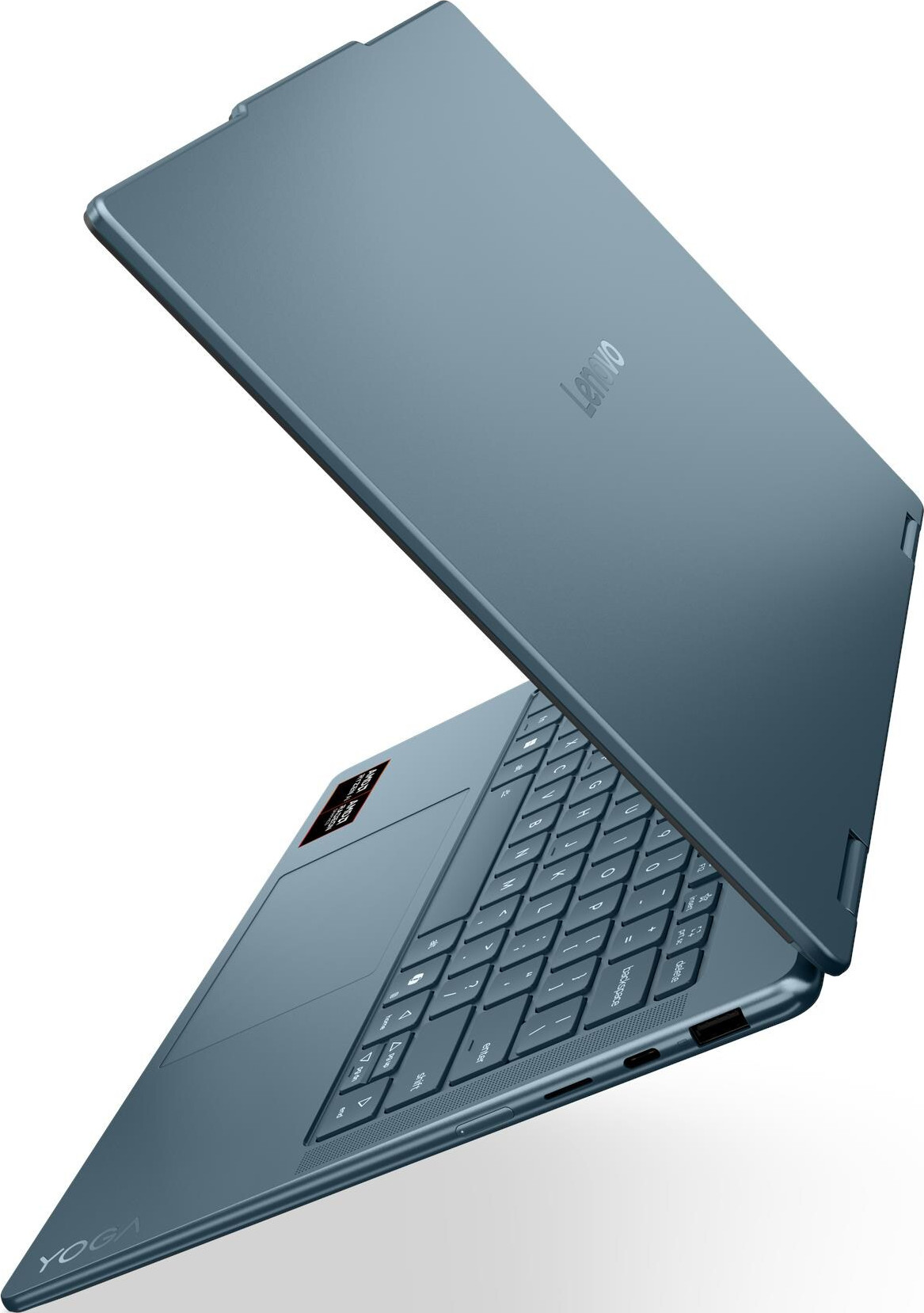 Ein blaues Lenovo Yoga Laptop ist geöffnet und zeigt Tastatur und Bildschirm. Das Lenovo-Logo ist sichtbar.