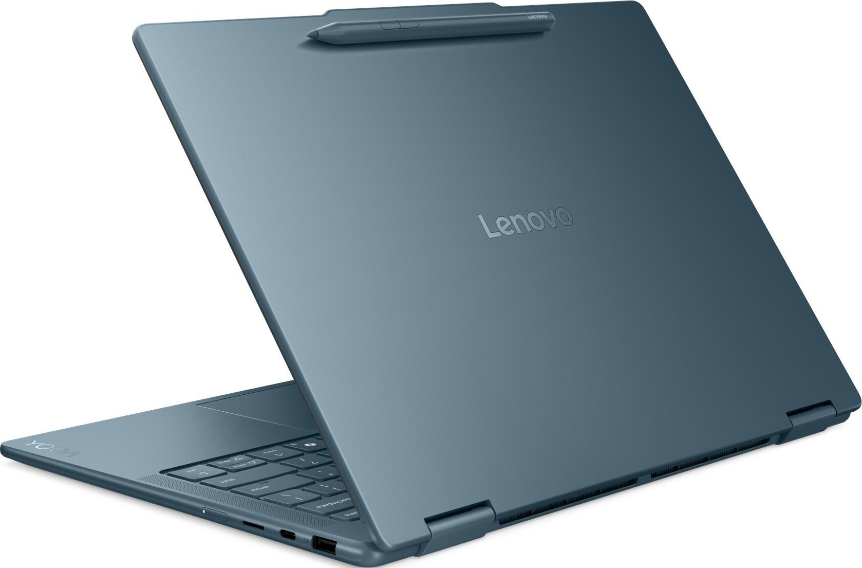 Ein blaues Lenovo Yoga-Laptop ist geöffnet und zeigt die Tastatur und den Bildschirm. Ein Stift liegt auf dem Deckel. Das Lenovo-Logo ist sichtbar.