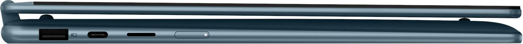 Blauer Laptop, Seitenansicht, leicht geöffnet. Sichtbare Anschlüsse sind USB, USB-C und ein Netzschalter. Die Oberseite ist schwarz.