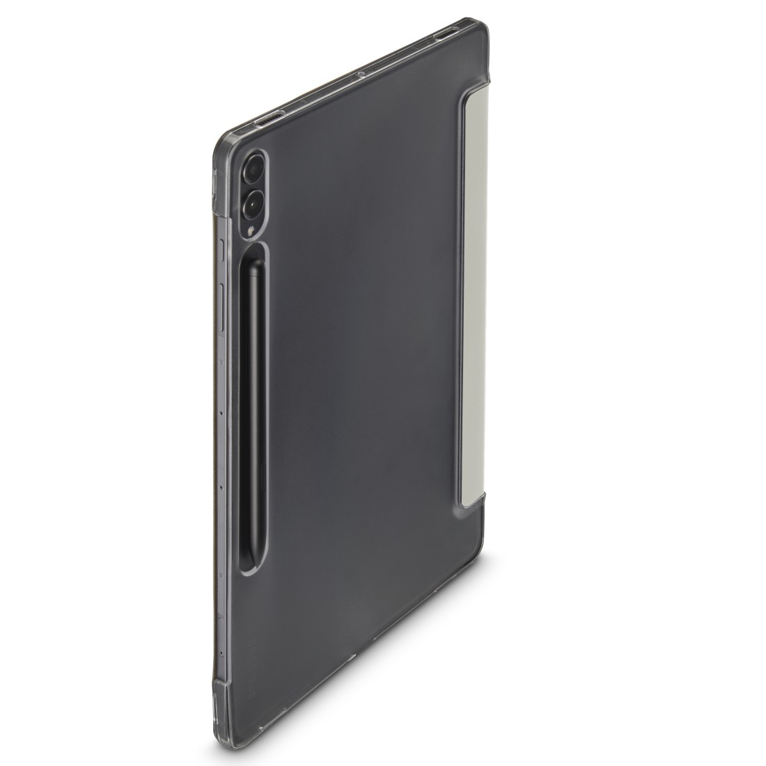 Ein Tablet in einer dunkelgrauen Hülle mit hellgrauer Abdeckung. Ein Stift ist befestigt. Der Hintergrund ist weiß.