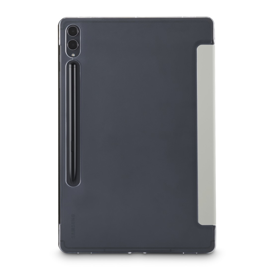Dunkelgraues Tablet mit schwarzem Stift. Auf der rechten Seite befindet sich eine hellgraue Hülle. Das Tablet hat zwei Kameras.