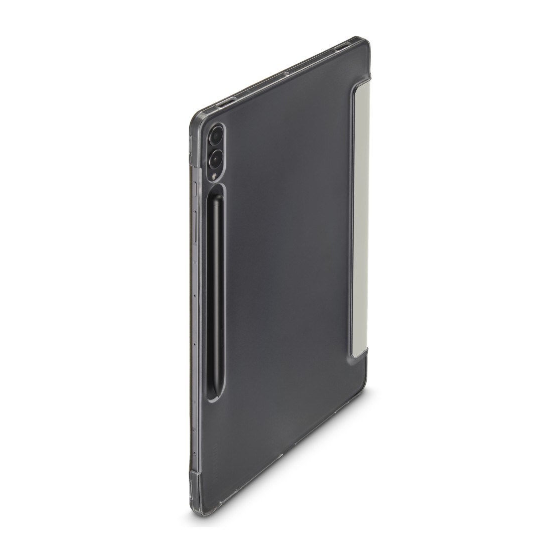 Eine Tablet-Hülle mit integriertem Stifthalter und Kamera. Die Hülle ist dunkelgrau. Der Hintergrund ist weiß.