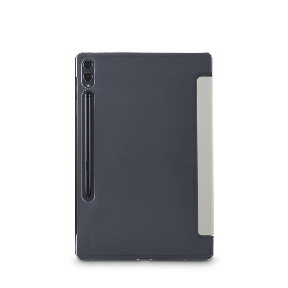 Ein Tablet mit dunkelgrauer Hülle und schwarzem Stift an der Seite. Die Hülle hat eine hellgraue Klappe rechts.