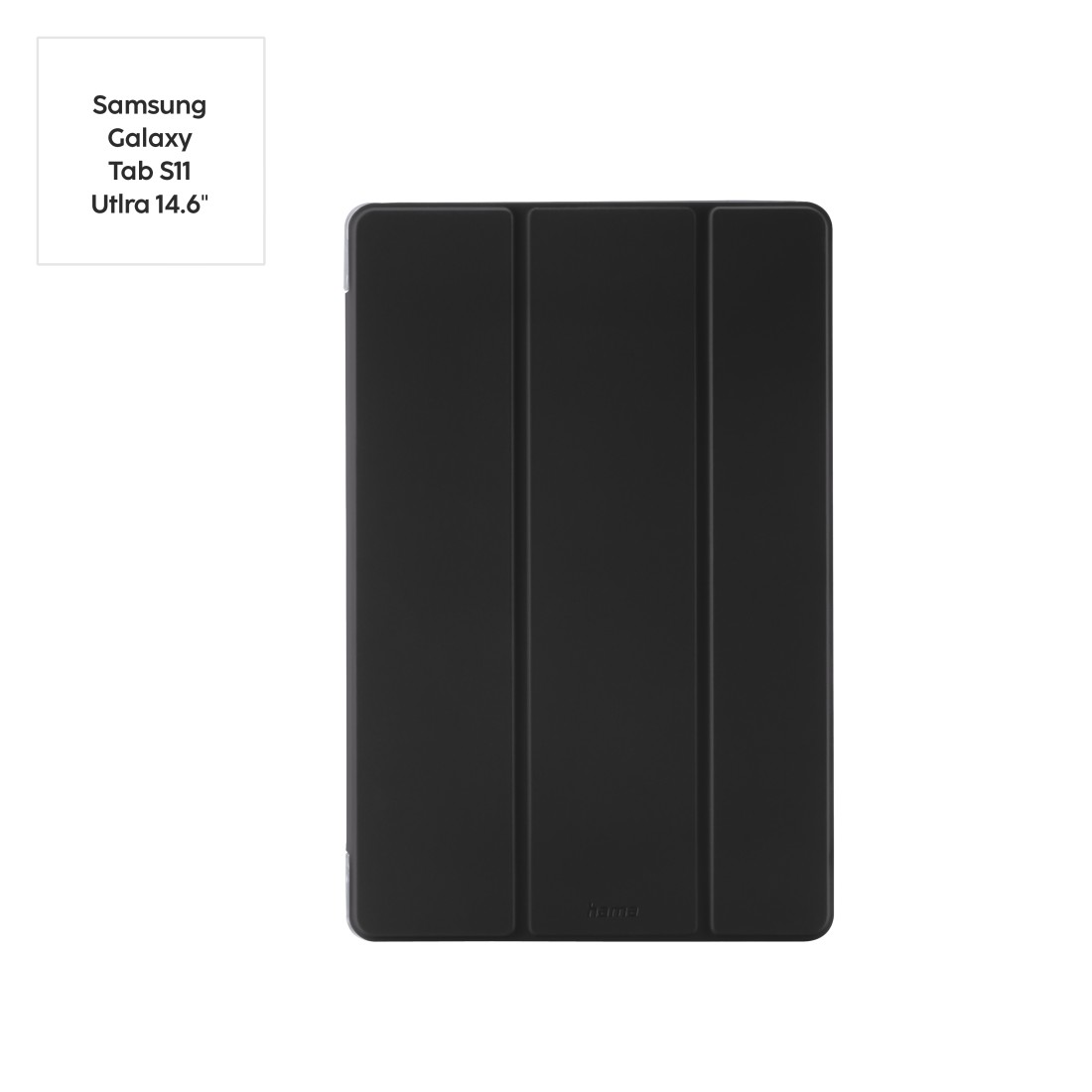 Schwarze Tablethülle, offen. Samsung Galaxy Tab S11 Ultra 14.6"-Informationen links.