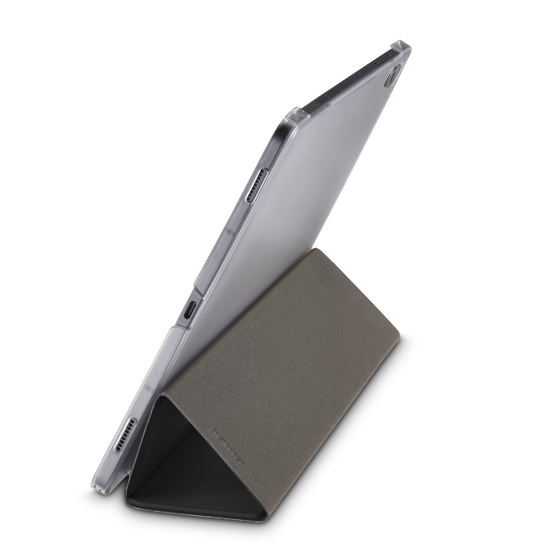 Tablet in grauem Gehäuse, hochgestellt. Das Gehäuse ist zu einem Dreieck gefaltet, um das Tablet aufrecht zu halten. Weißer Hintergrund.